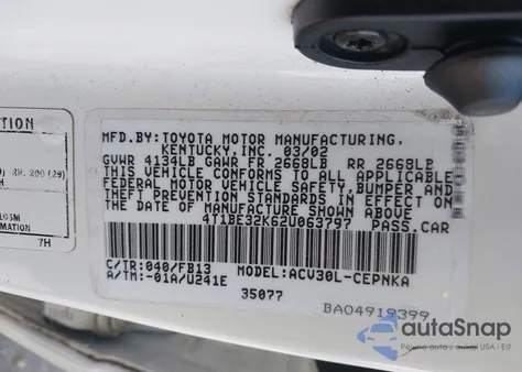 2002 Toyota Camry Le from USA, damaged, VIN 4T1BE32K62U063797